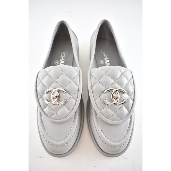 Chanel 21B Grey Quilted Flap Turnlock CC Logo Silver Mule Slip Flat Loafer 40.5